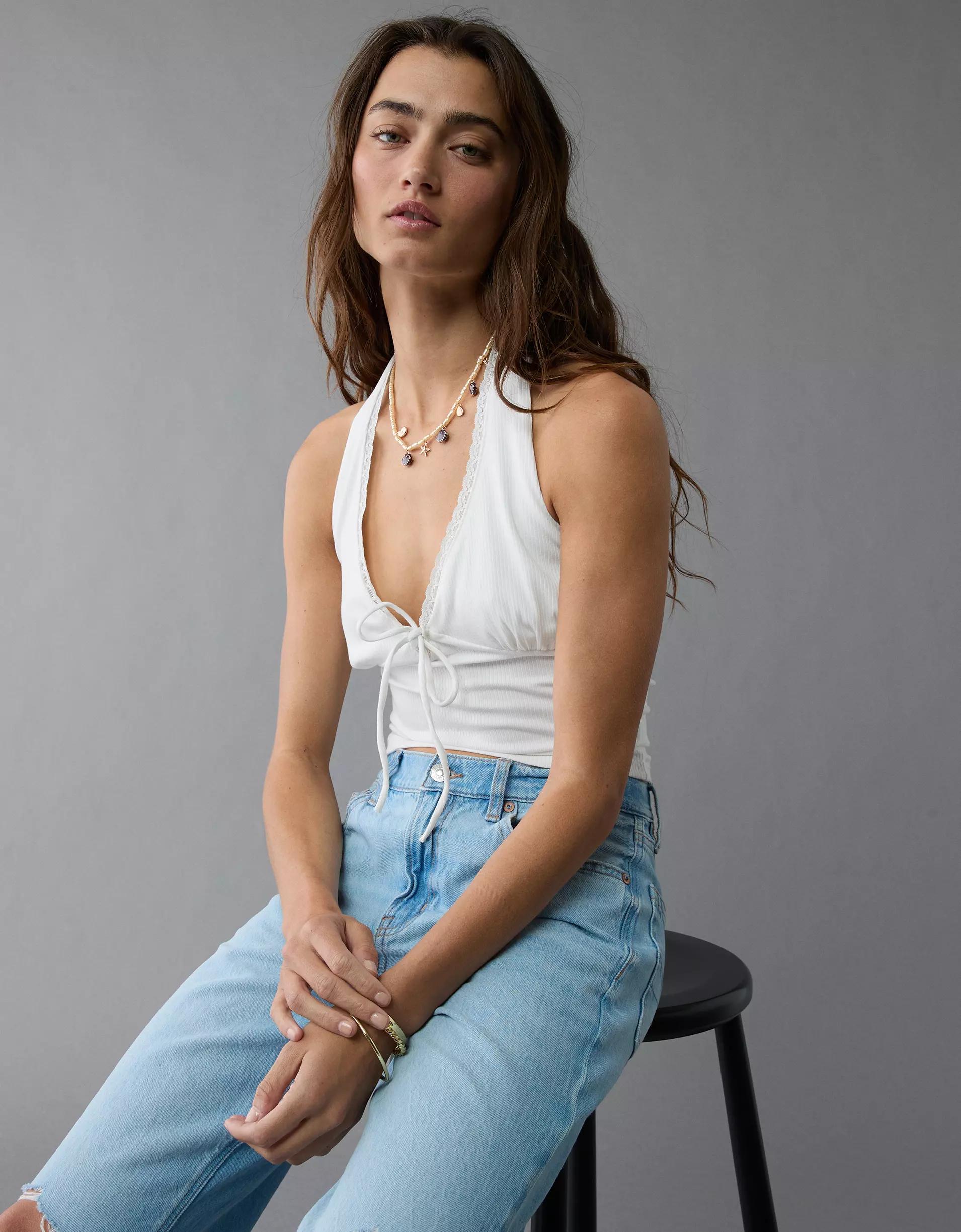 AE Tie Front Halter Crop Top Product Image