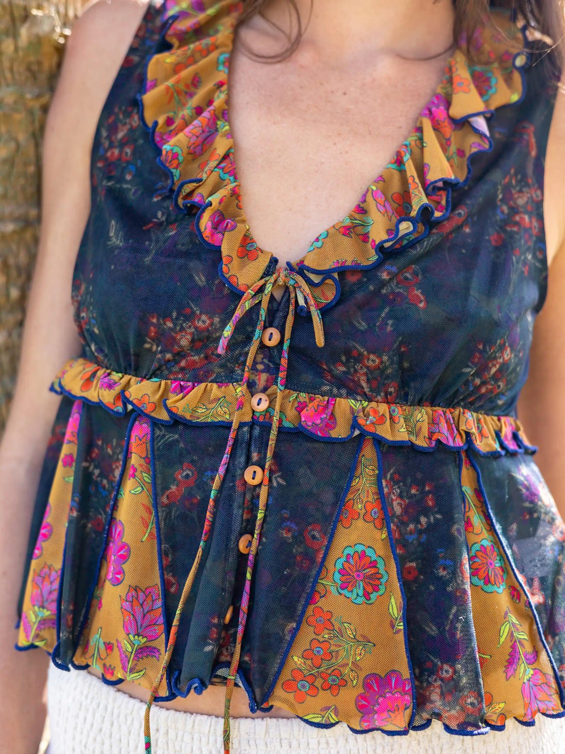 Sierra Sleeveless Mesh Top - Navy Mustard Floral Product Image