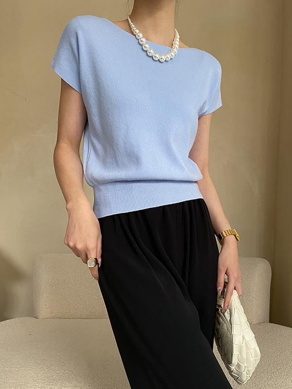 Stylish Loose Solid Color Boat Neck Knitwear Pullovers Tops Product Image