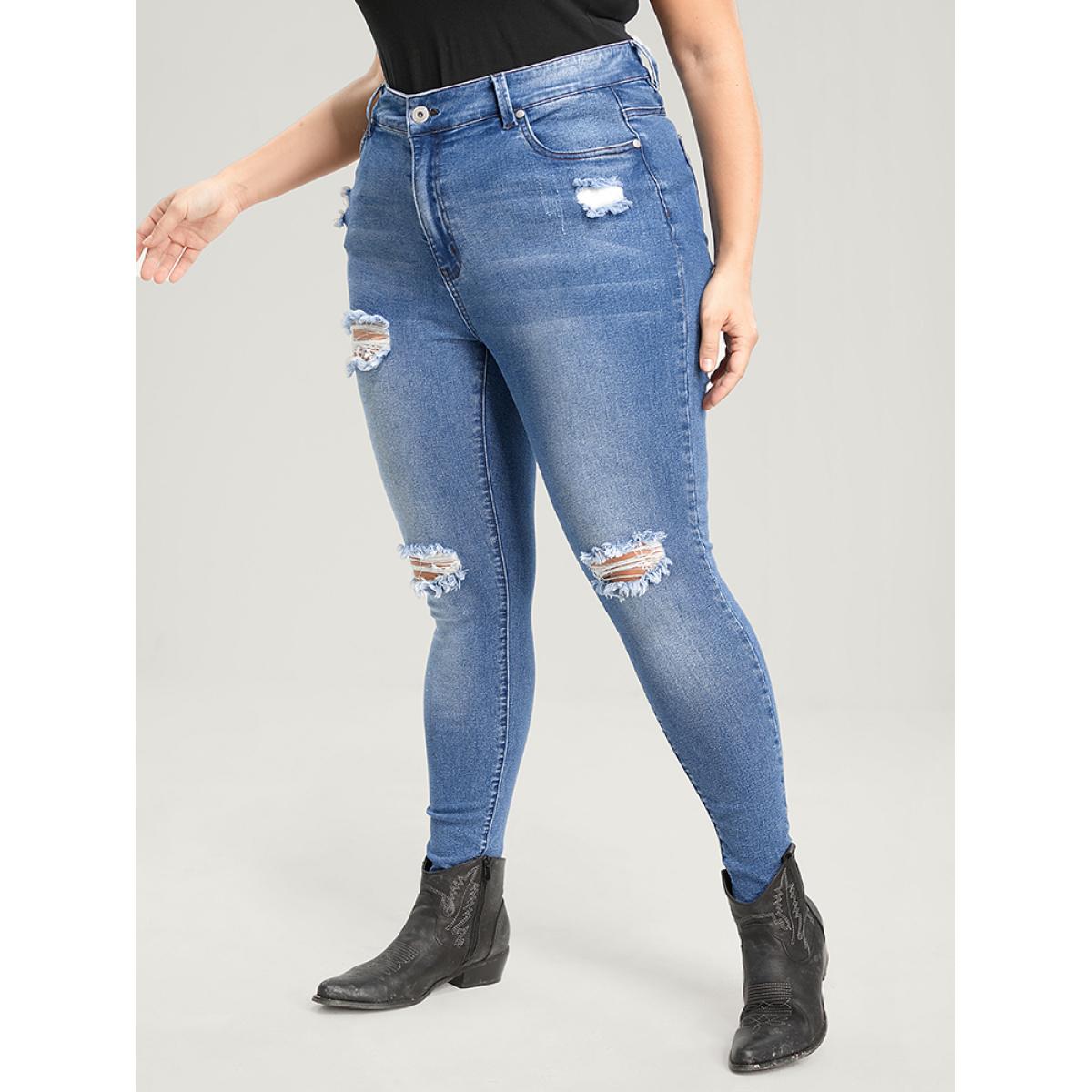 Plus Size Skinny Very Stretchy High Rise Asymmetrical Distressed Jeans Women Blue Casual Plain High stretch Pocket Jeans BloomChic 20/2X Product Image