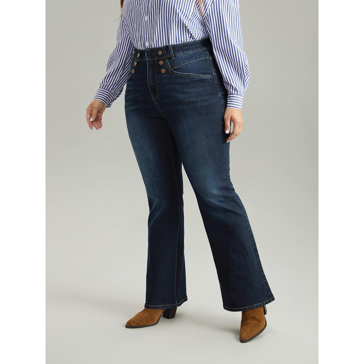 Plus Size Flare Leg Button Detail High Rise Jeans Women Indigo Casual Plain Non High stretch Slanted pocket Jeans BloomChic 24/3X Product Image