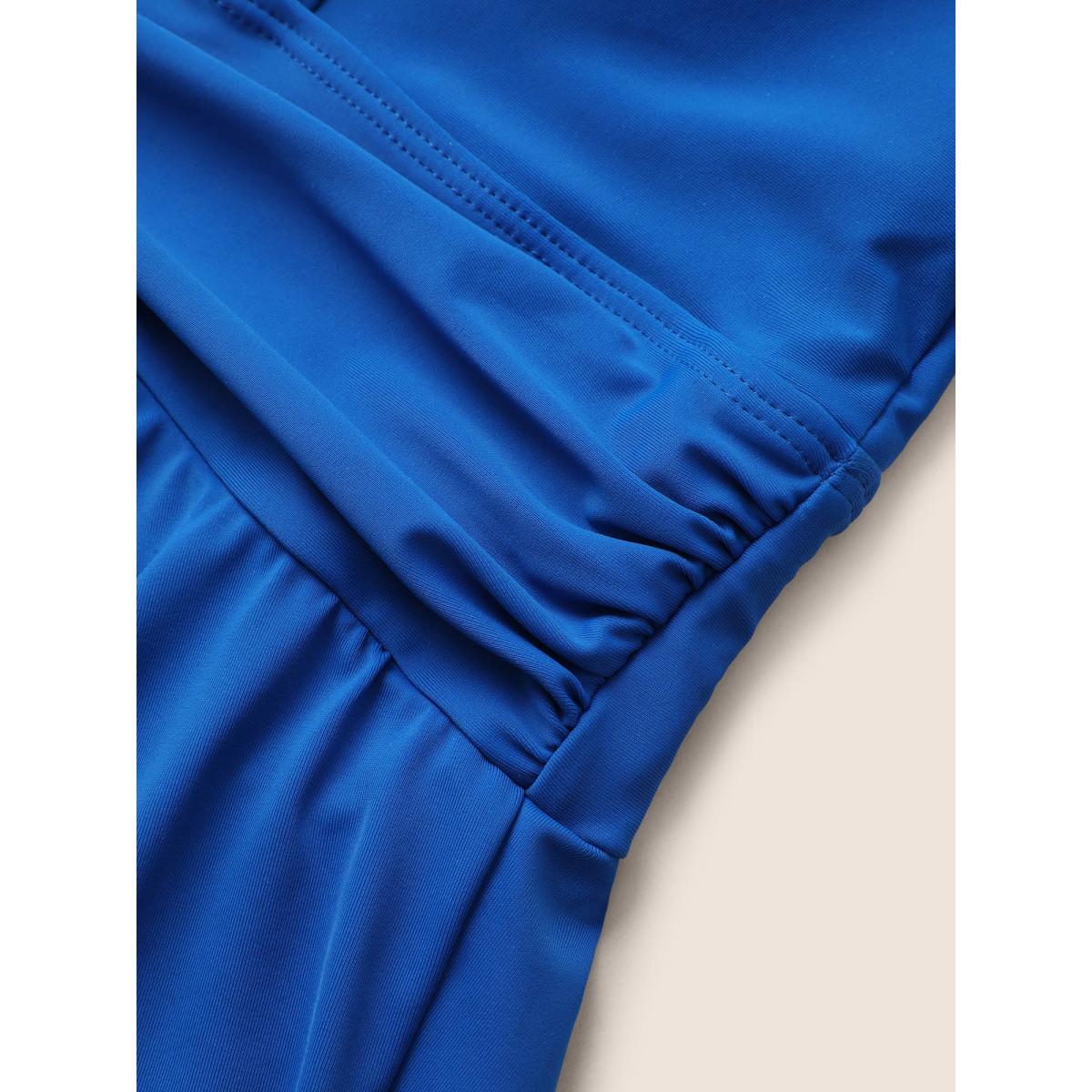 Plus Size Solid Ruffle Hem Empire Waist Halter Neck Swim Dress Women's Swimwear RedViolet Resort Bodycon Halter neck High stretch Curve Swim Dresses BloomChic 12/L Product Image