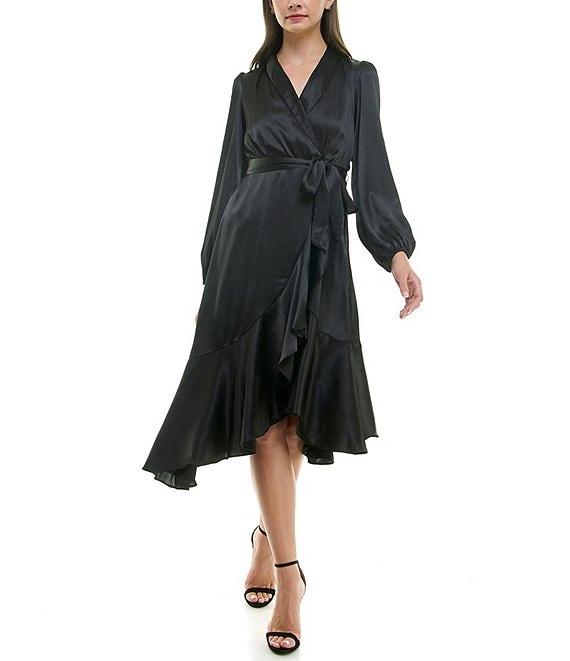 Moda Tara Satin V Neck Long Sleeve Tie Sash Asymmetrical Hemline Wrap Midi Dress Product Image