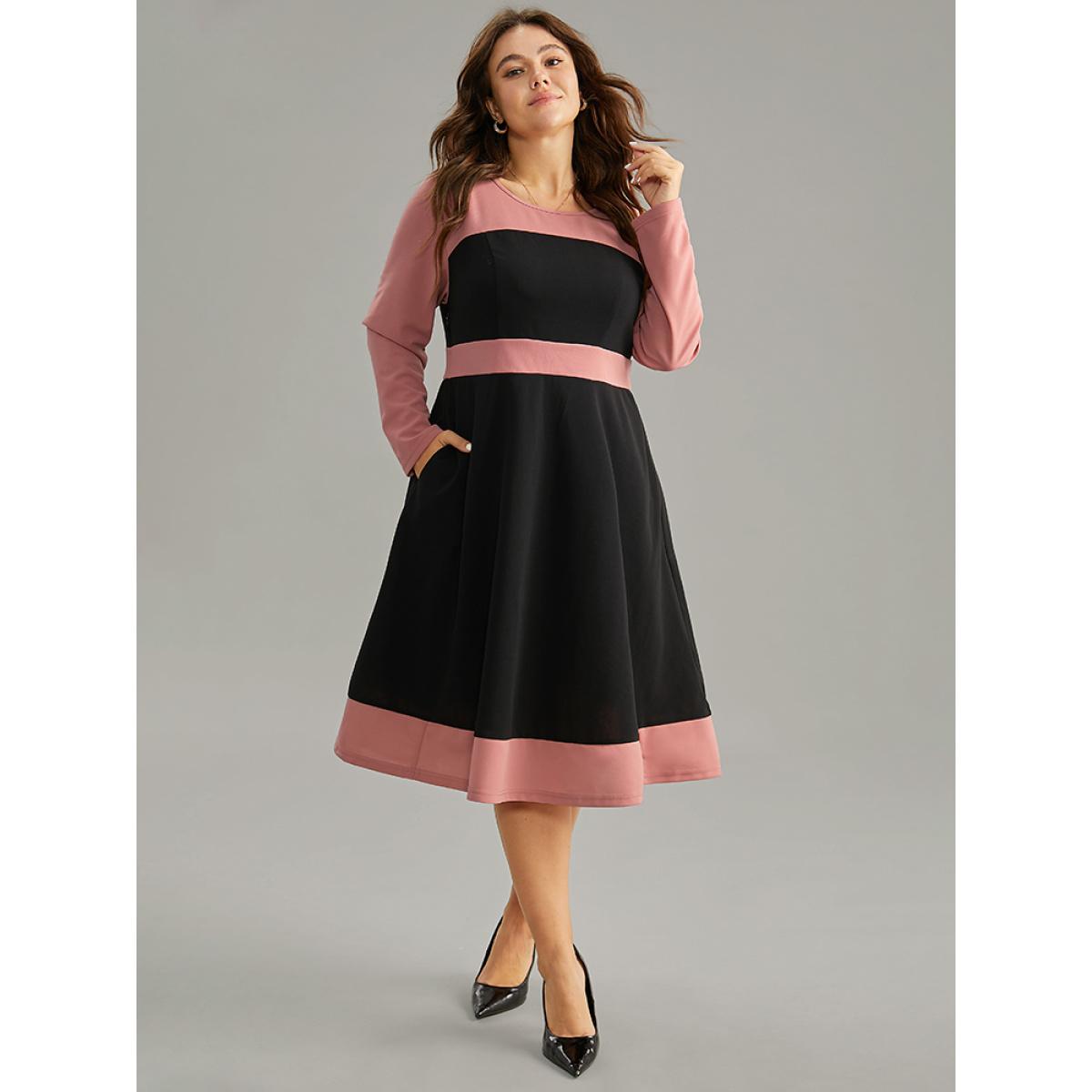 Plus Size Colorblock Contrast Ruffle Hem Dress Black Women Office Contrast Round Neck Long Sleeve Curvy Midi Dress BloomChic 22-24/3X Product Image