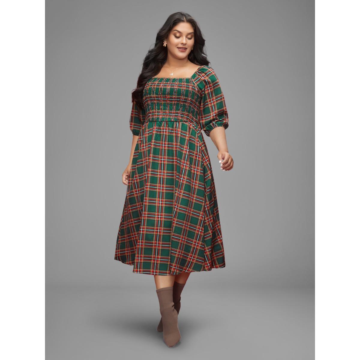 Plus Size Square Neckline Plaid Smocked Bodice Midi Dress Emerald Women Casual Shirred Square Neck Elbow-length sleeve Curvy BloomChic 22-24/3X Product Image