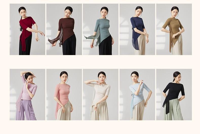 Long-Sleeve Boat Neck Plain Thumbhole Asymmetrical Dance Top / Elbow-Sleeve Dance Top Product Image