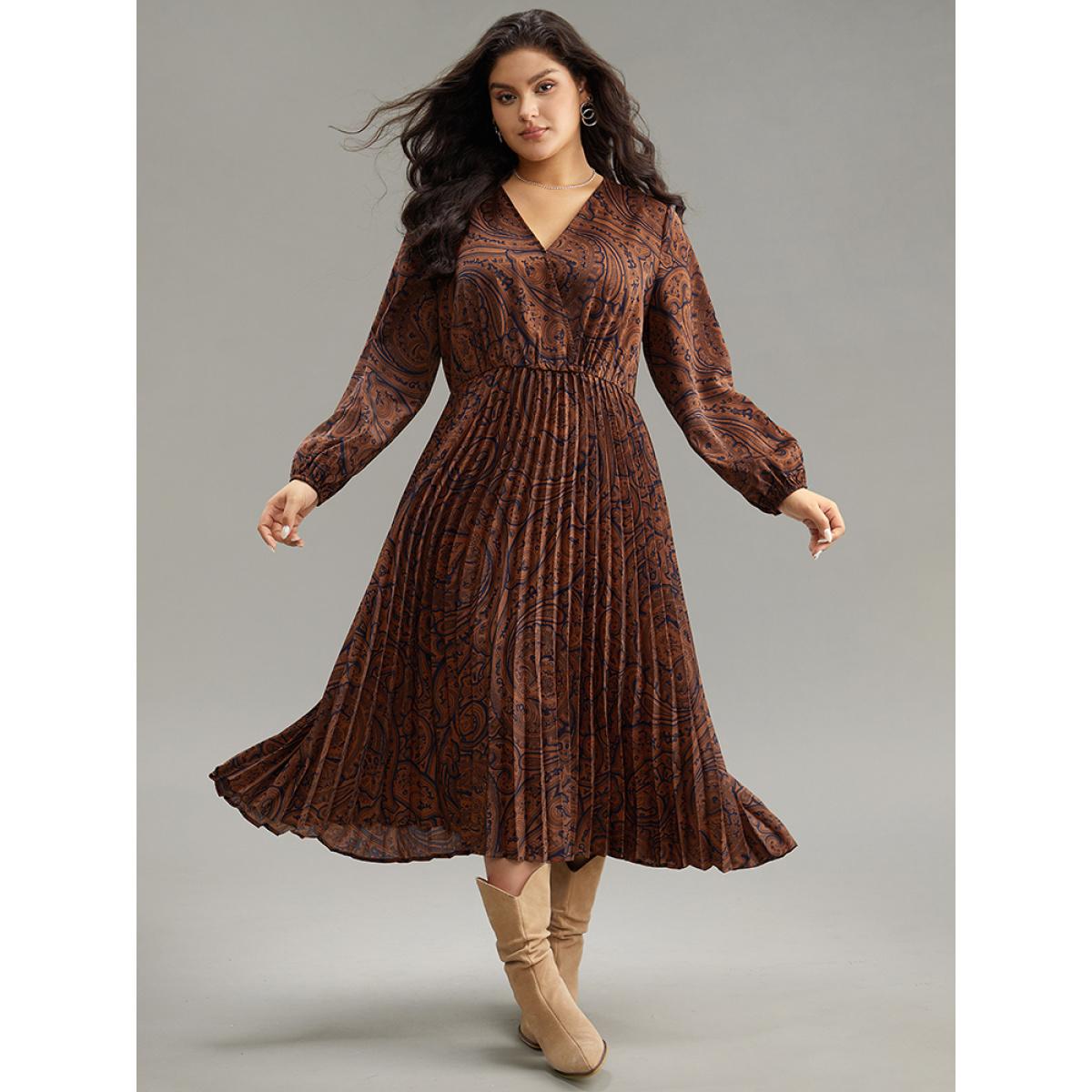 Plus Size Boho Print Pleated Elastic Waist Wrap Dress DarkBrown Women Vacation Elastic cuffs V-neck Long Sleeve Curvy Midi Dress BloomChic 14-16/1X Product Image
