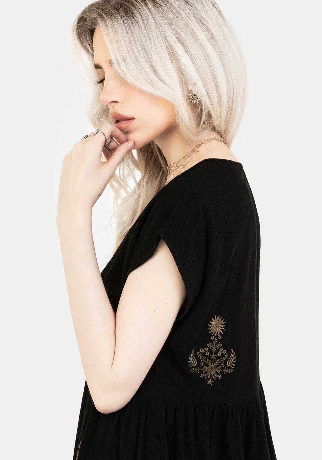 Foliate Linen-Blend Embroidered Button Up Mini Dress - Black Product Image