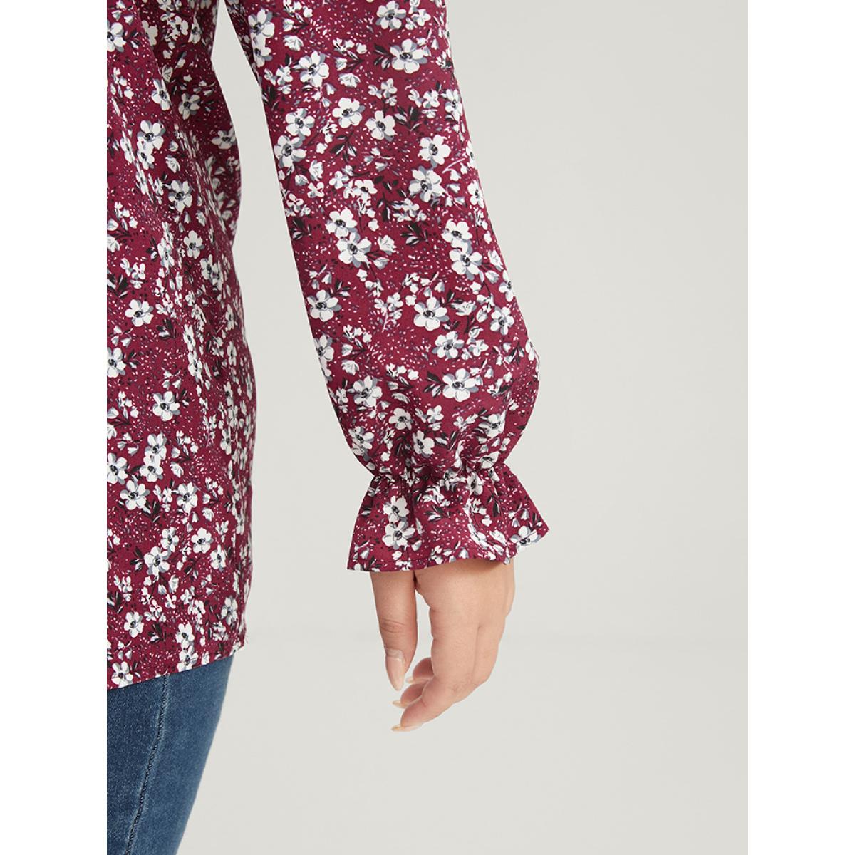 Plus Size Burgundy Floral Lantern Sleeve Arc Hem V Neck Blouse Women Elegant Long Sleeve V-neck Dailywear Blouses BloomChic 22-24/3X Product Image