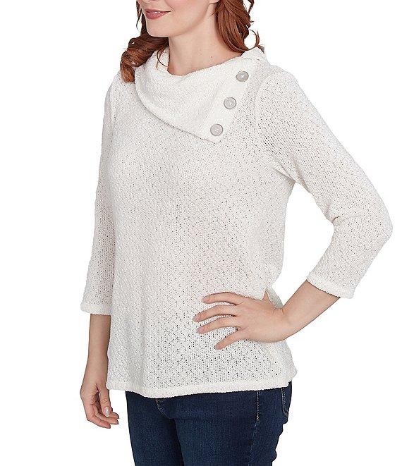 Ruby Rd. Sequin Chenille Knit Cowl Asymmetrical Neck 3/4 Sleeve Sweater Product Image