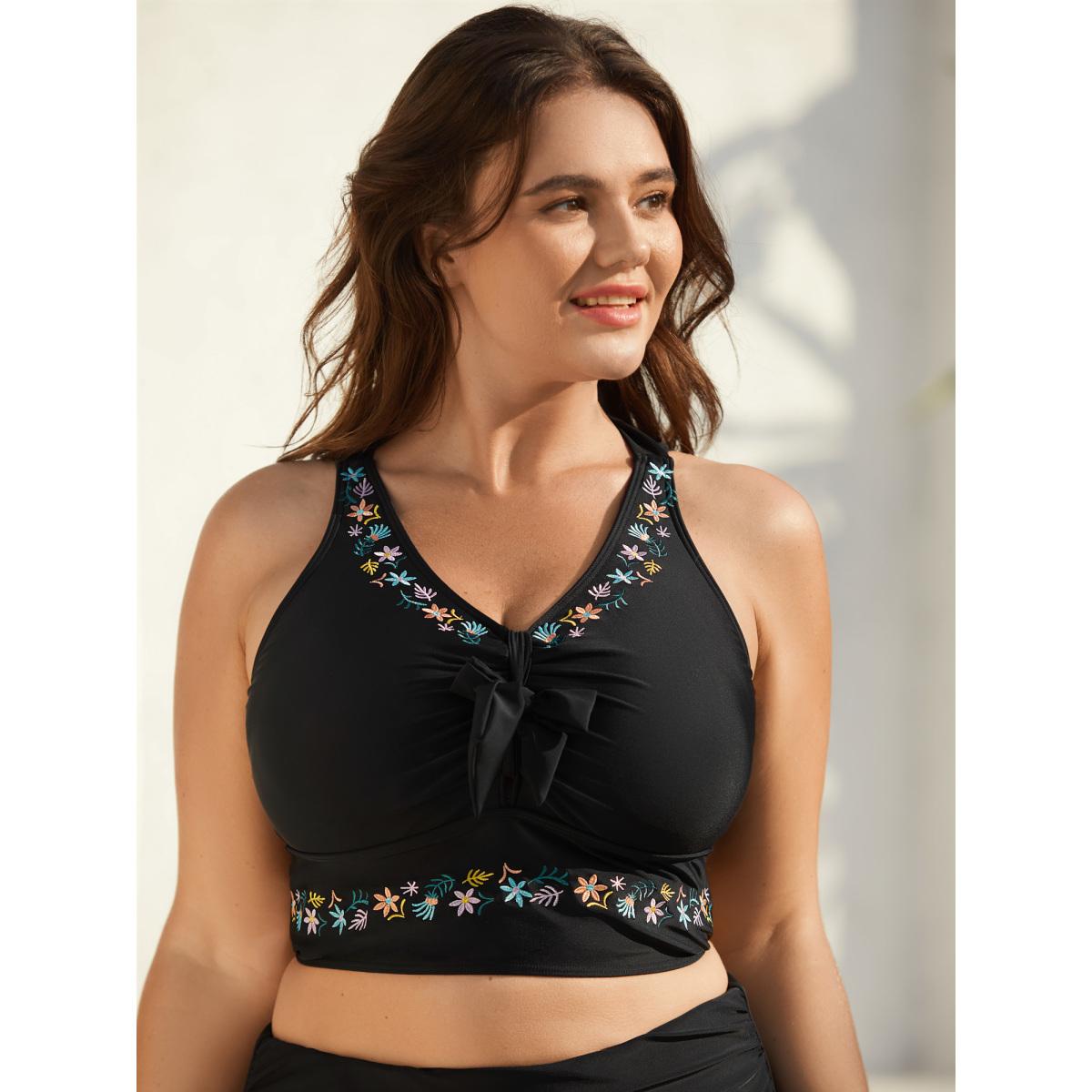 Plus Size Multi-Color Embroidered Lace Tied Swim Top Women's Swimwear Black Beach Tie knot High stretch Skinny Heart neckline Curve Swim Tops BloomChic 22-24/3X Product Image