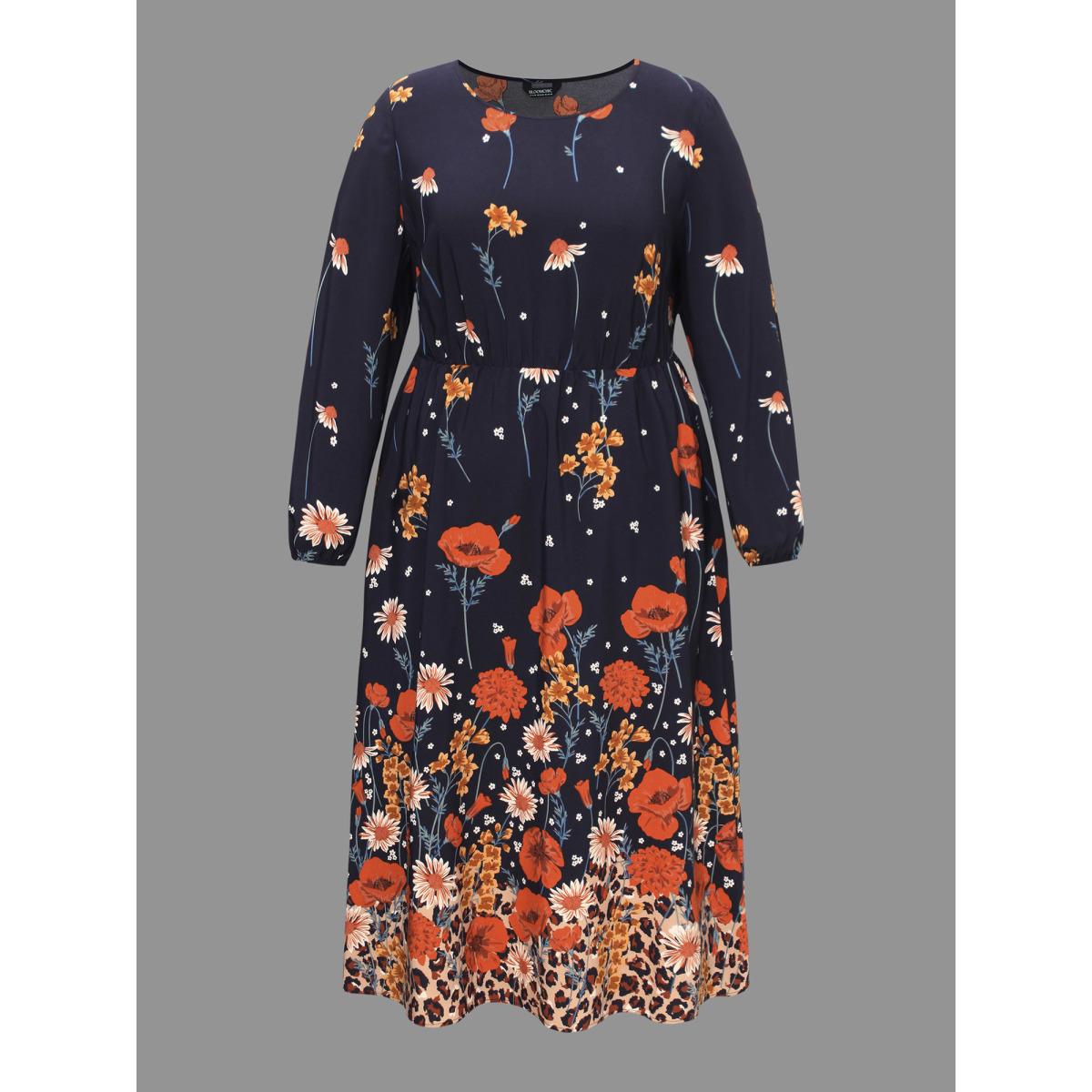 Plus Size Floral Boho Print Lantern Sleeve Dress Indigo Women Elegant Non Round Neck Long Sleeve Curvy BloomChic 26/4X Product Image