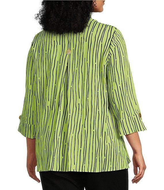 Ali Miles Plus Size Crinkle Woven Abstract Stripe Wire Collar 3/4 Sleeve Button-Front Tunic Product Image