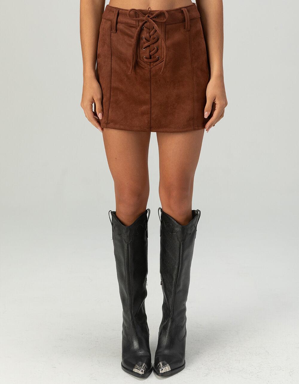 WEST OF MELROSE Suede Lace Up Womens Mini Skirt - BROWN Product Image