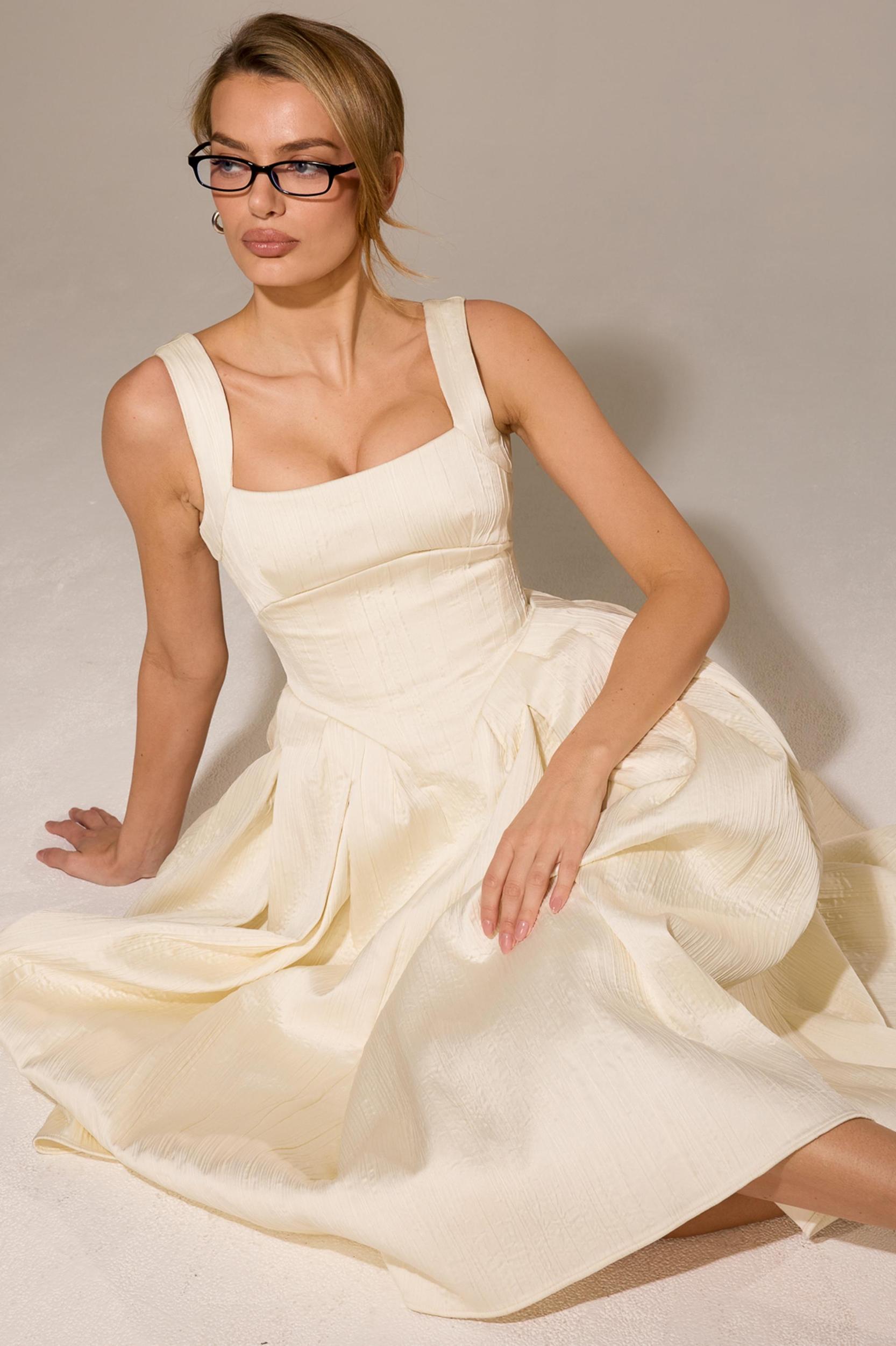 Isabeau  ivory textured satin corset midi dress Product Image