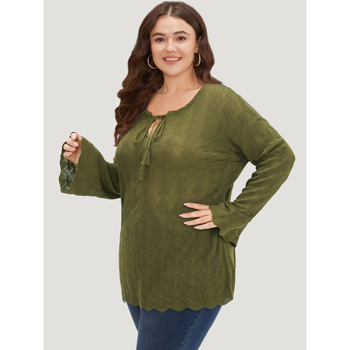 Plus Size Solid Ties Bell Sleeve Scalloped Trim Breathable Pullover Moss Women Casual Loose Long Sleeve V-neck Dailywear Pullovers BloomChic 28/5X Product Image