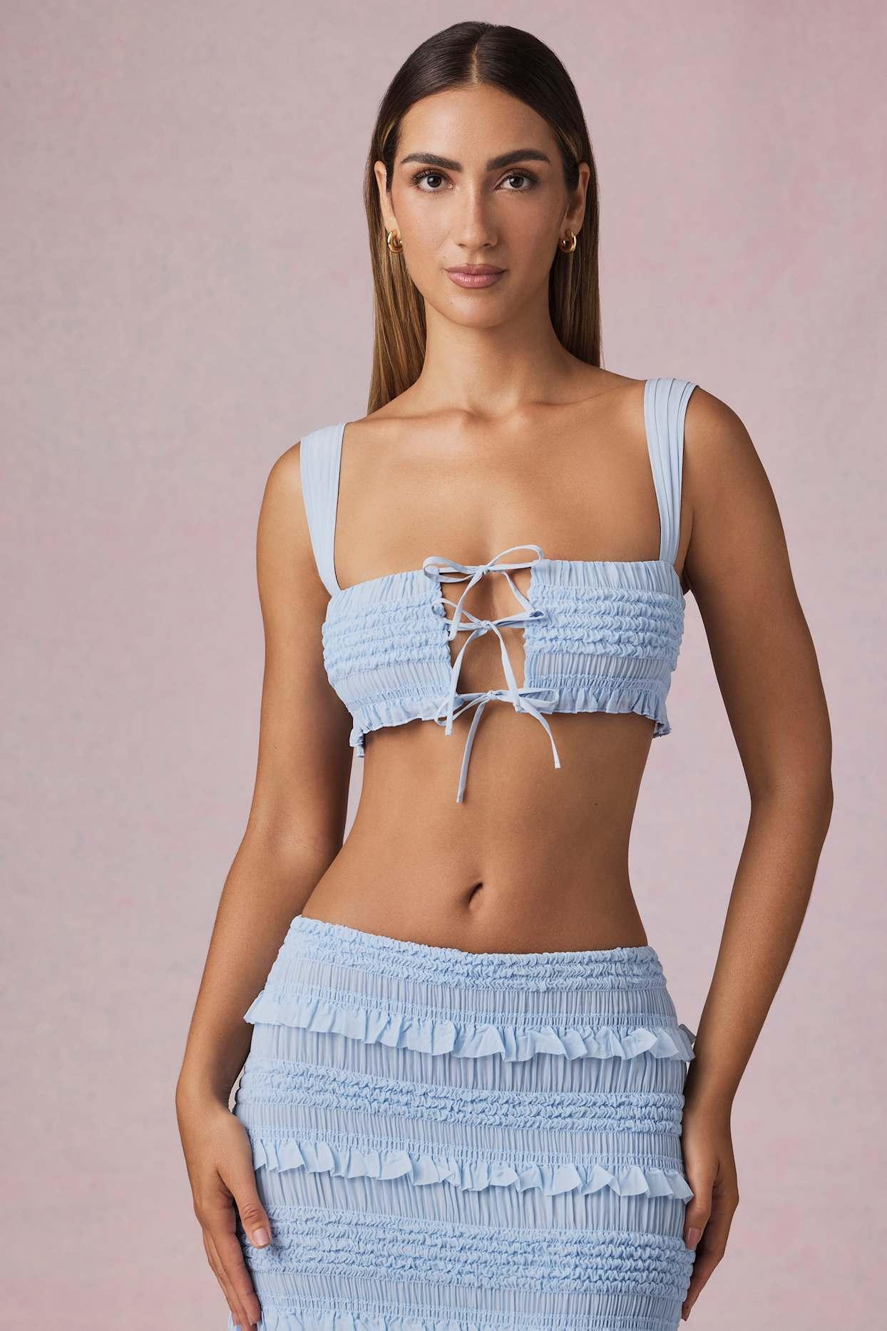 Ruffle Tie-Front Crop Top in Powder Blue Product Image