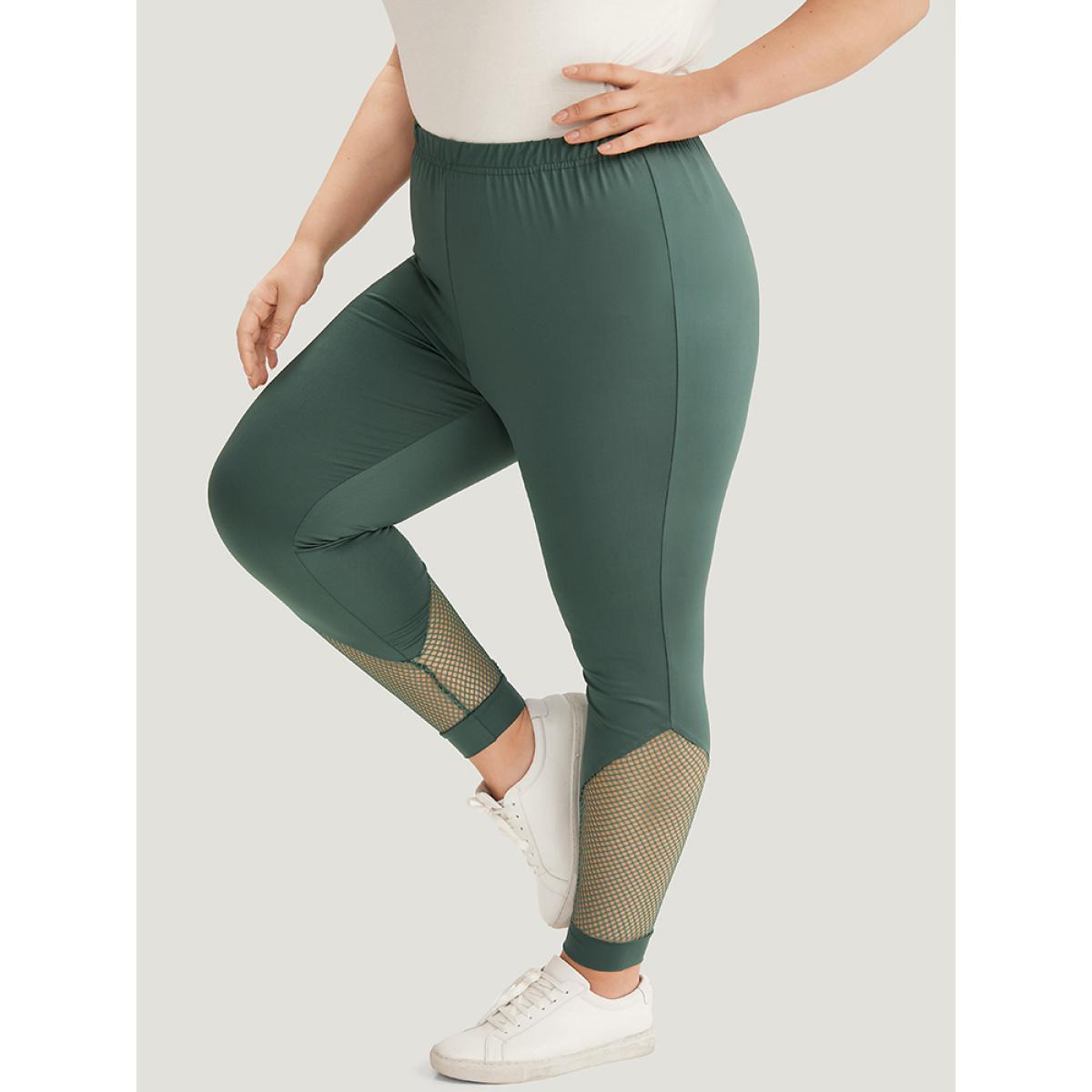 Plus Size Solid Patchwork Cut Out Elastic Waist Leggings Women DarkGreen Casual High stretch Skinny High Rise Dailywear Leggings BloomChic 18-20/2X Product Image