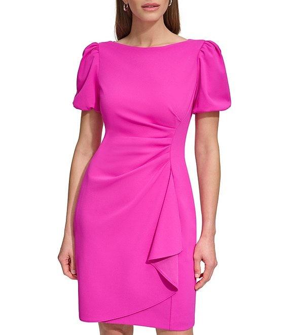 DKNY by Donna Karan Scuba Crepe Short Bubble Sleeve Ruched Front Sheath Dress Product Image