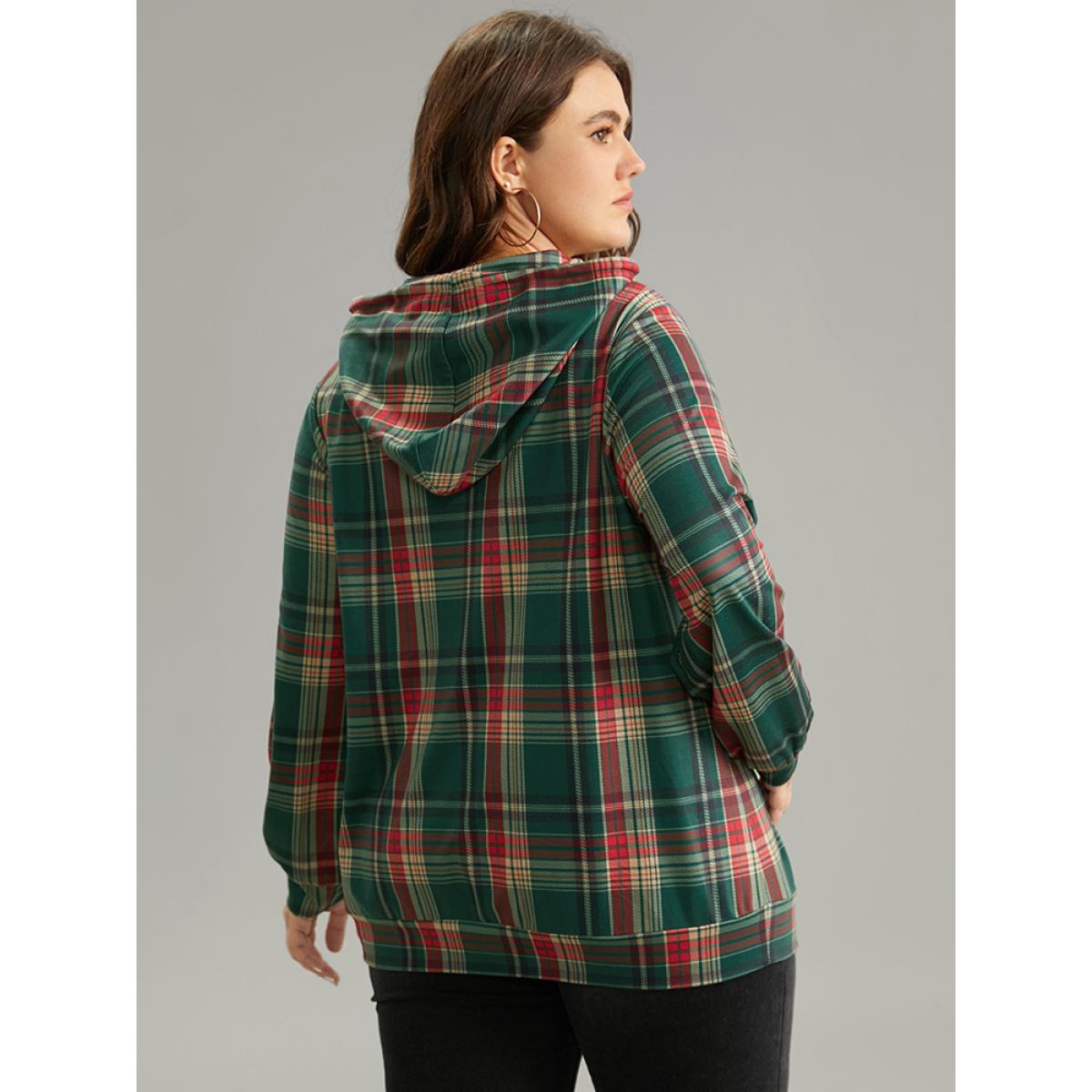 Plus Size Contrast Plaid Button Up Kangaroo Pocket Sweatshirt Women DarkGreen Casual Button Hooded Dailywear Sweatshirts BloomChic 14-16/1X Product Image