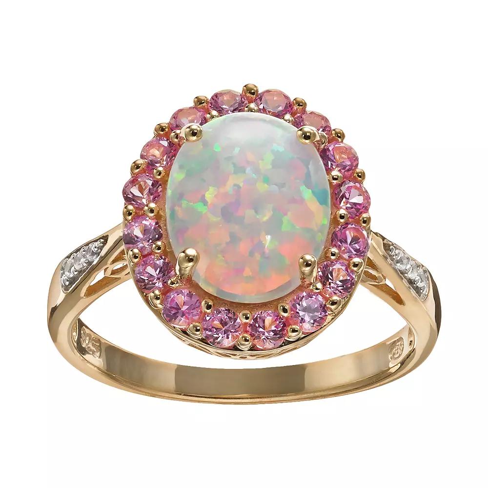 Lab-Created Opal and Lab-Created Sapphire 18k Gold Over Silver Oval Halo Ring, Womens, Pink Product Image