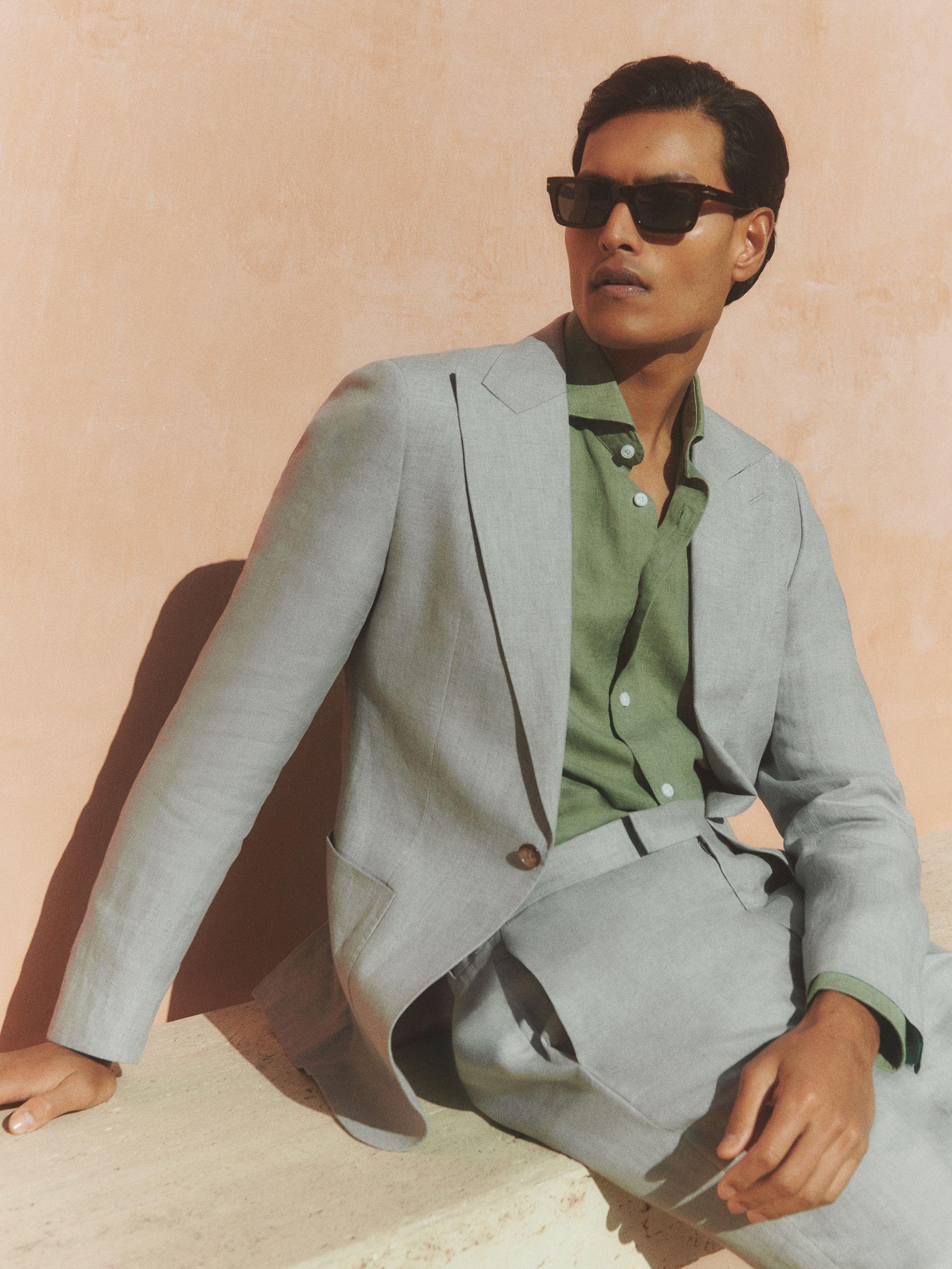 Linen Single-Breasted Suit Blazer Slim-Fit in Ocean Green Product Image