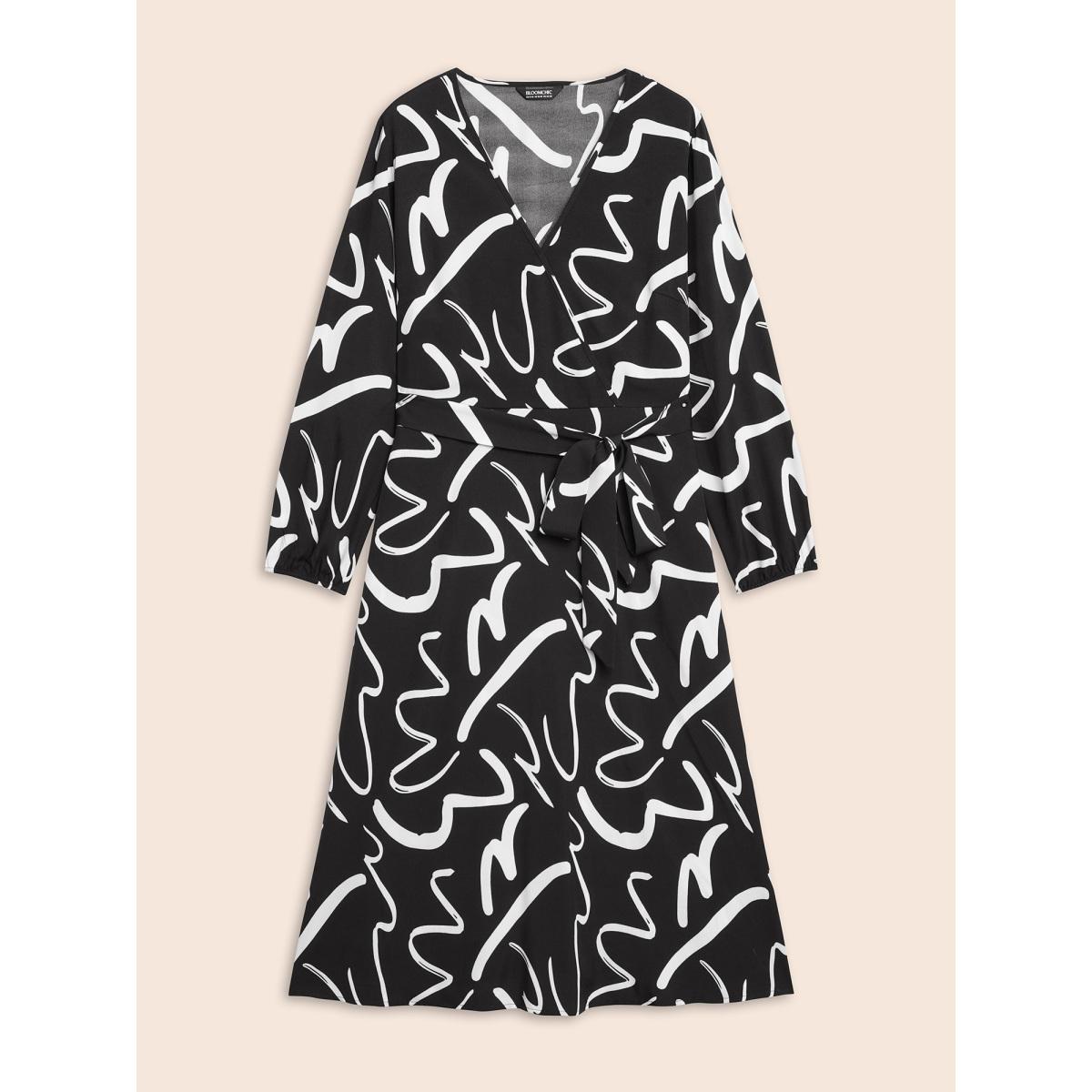 Plus Size Geometric Overlap Collar Midi Dress BlackFlower Women At the Office Belted Overlap Collar Long Sleeve Curvy BloomChic 14-16/1X Product Image