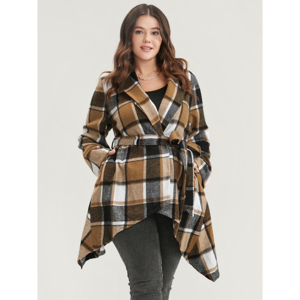 Plus Size Plaid Pocket Lapel Collar Asymmetrical Hem Belted Coat Women Bronze Elegant Button Ladies Dailywear Winter Coats BloomChic 22-24/3X Product Image