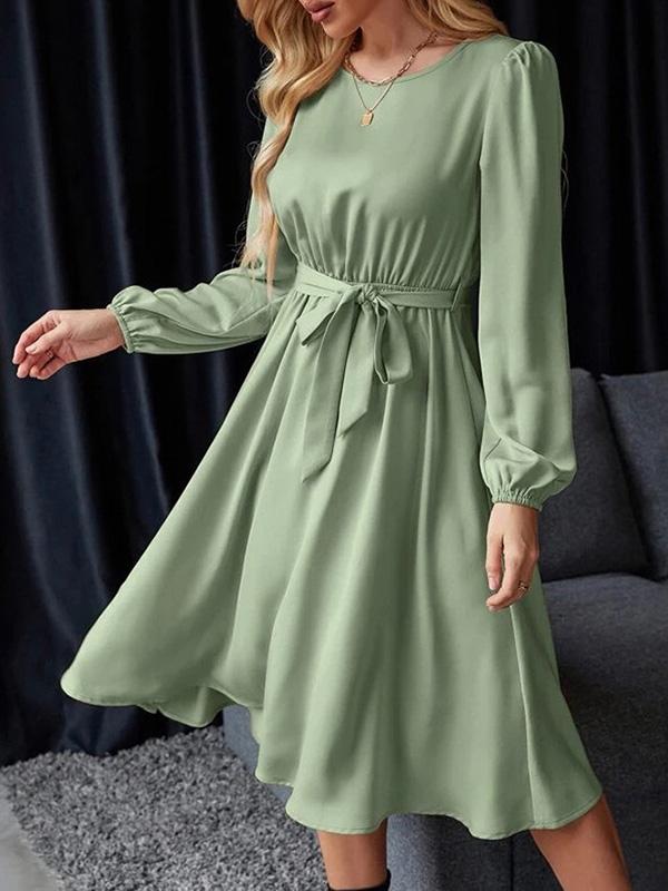 Loose Puff Sleeves Elasticity Pleated Solid Color Split-Joint Tied Waist Round-Neck Midi Dresses Product Image
