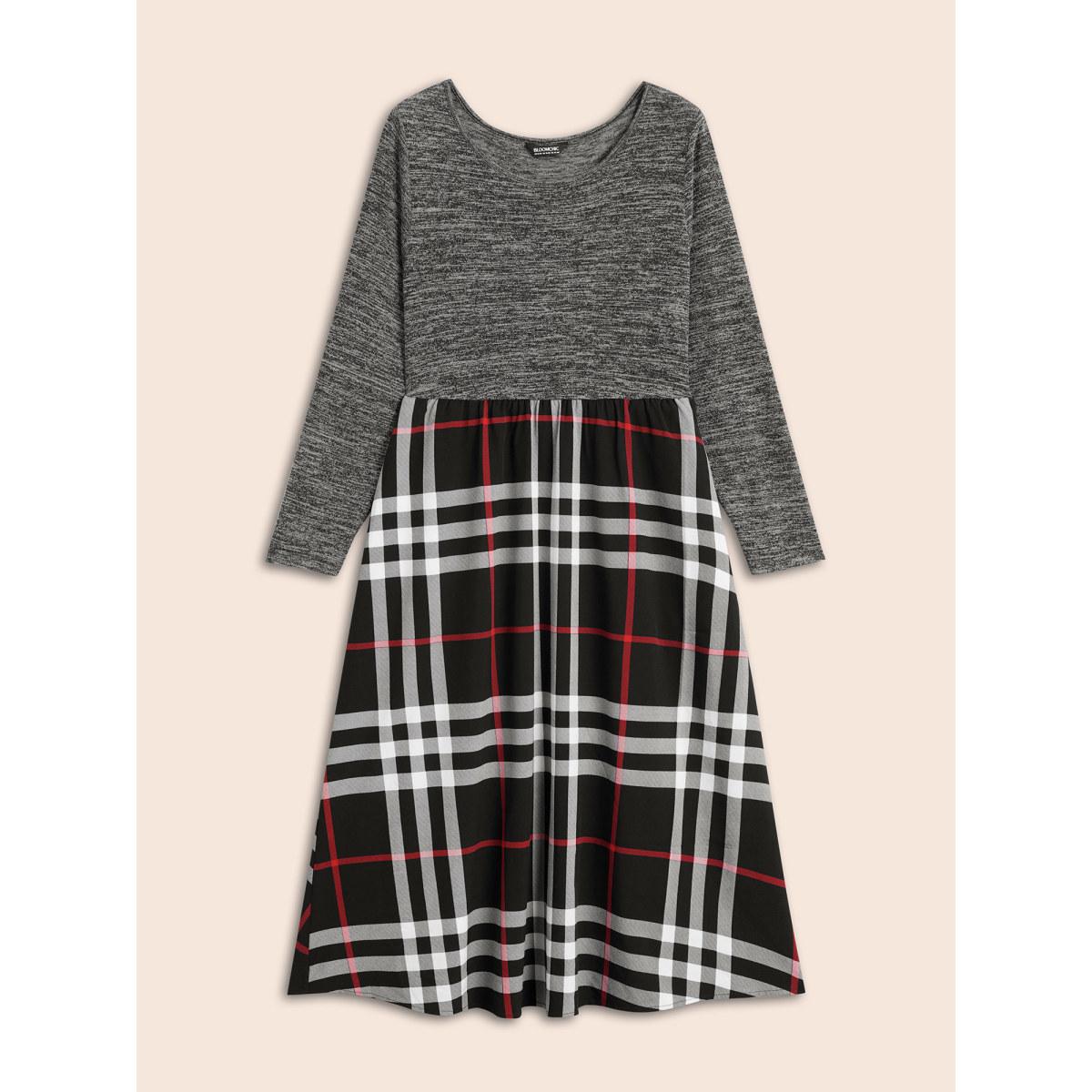 Plus Size Plaid Patchwork Elastic Waist Dress Black Women Casual Patchwork Round Neck Long Sleeve Curvy BloomChic 18-20/2X Product Image