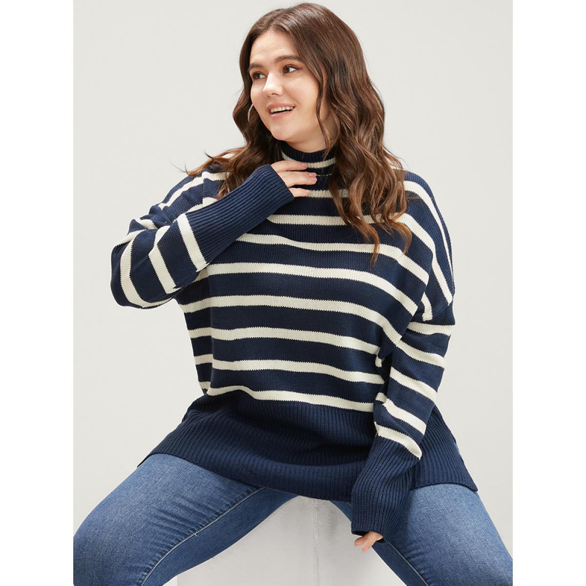 Plus Size Striped Contrast Pointelle Knit Split Hem Mock Neck Knit Top DarkBlue Women Casual Loose Long Sleeve Mock Neck Dailywear Pullovers BloomChic 26/4X Product Image