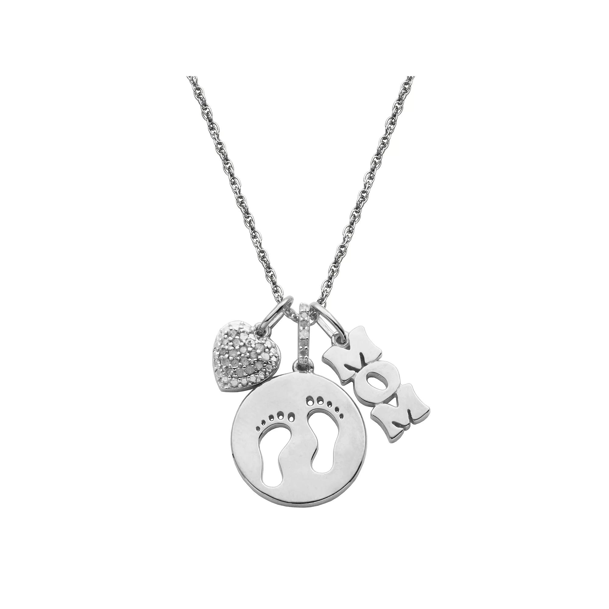 1/6 Carat T.W. Diamond "Mom," Footprints & Heart Pendant Necklace, Women's, Size: 18", Sterling Silver Product Image