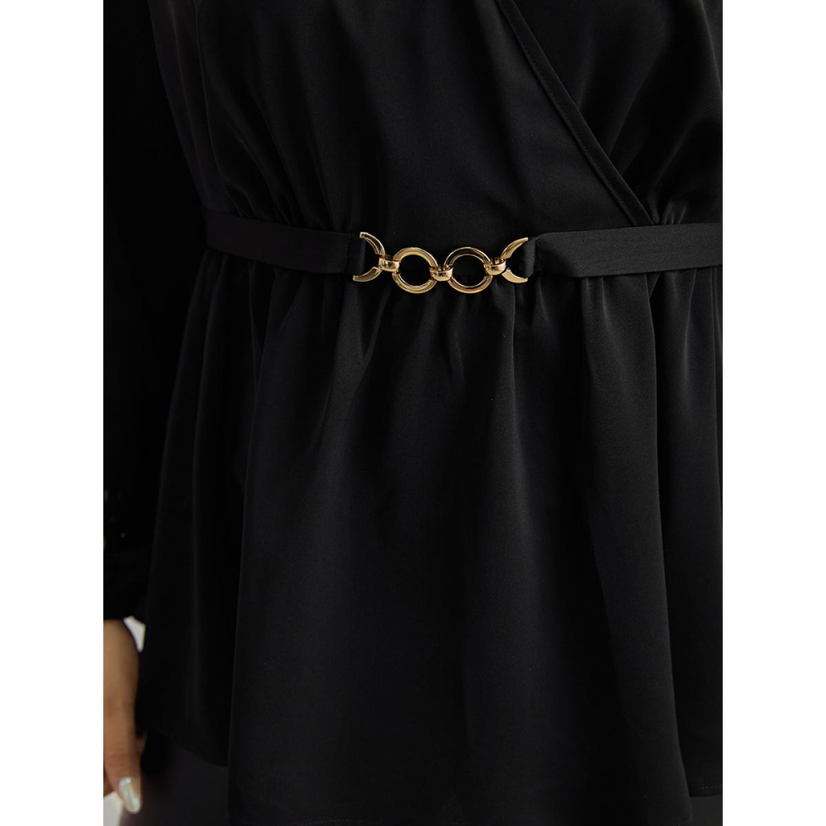 Plus Size Black Plain Elastic Waist Buckle Detail Wrap Blouse Women Office Long Sleeve V-neck Office Blouses BloomChic 14-16/1X Product Image