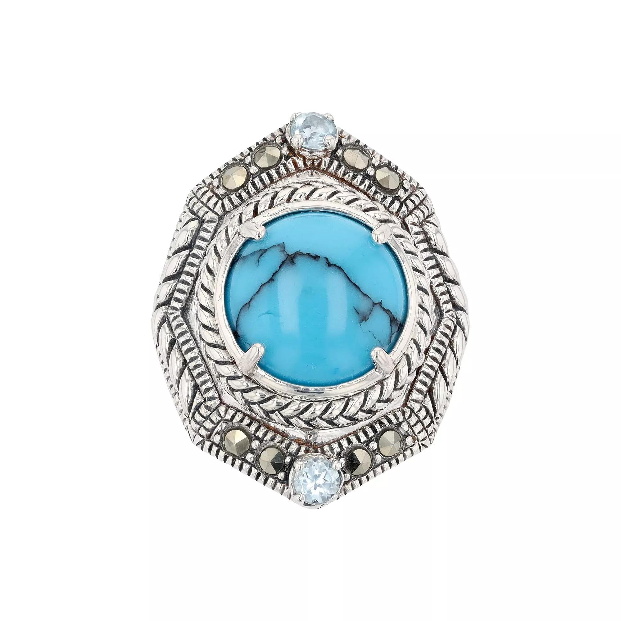 Lavish by TJM Sterling Silver Round Simulated Turquoise Sky Blue Topaz & Marcasite Dome Ring, Women's,  Product Image