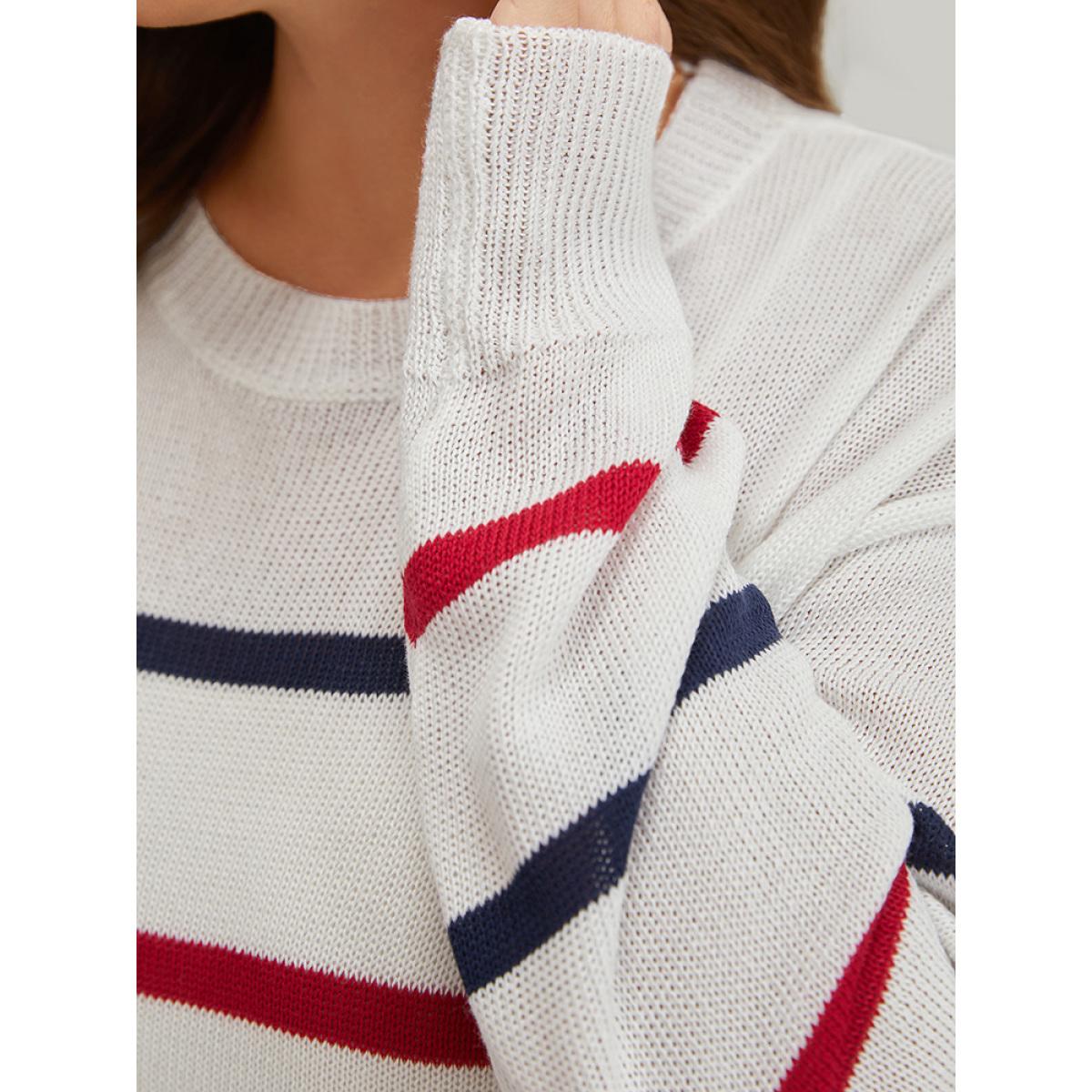 Plus Size Striped Contrast Drop Shoulder Pullover White Women Casual Bodycon Long Sleeve Round Neck Dailywear Pullovers BloomChic 18-20/2X Product Image