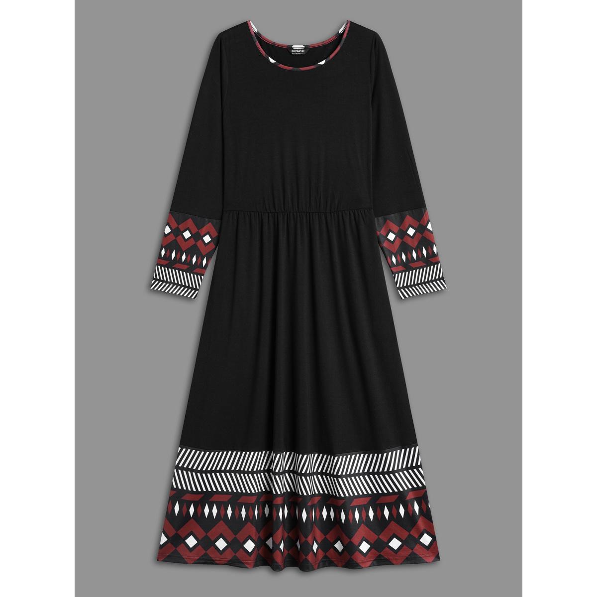 Plus Size Crew Neck Geometric Print Patchwork Dress BlackFlower Women Casual Non Knit Dresses Bloomchic 28/5X Product Image