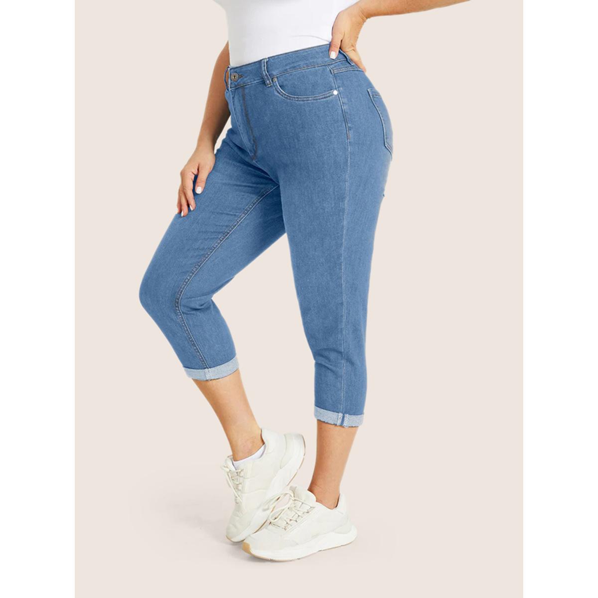 Plus Size Very Stretchy High Rise Dark Wash Cropped Jeans Women LightBlue Leisure Plain High stretch Slanted pocket Jeans BloomChic 16/1X Product Image
