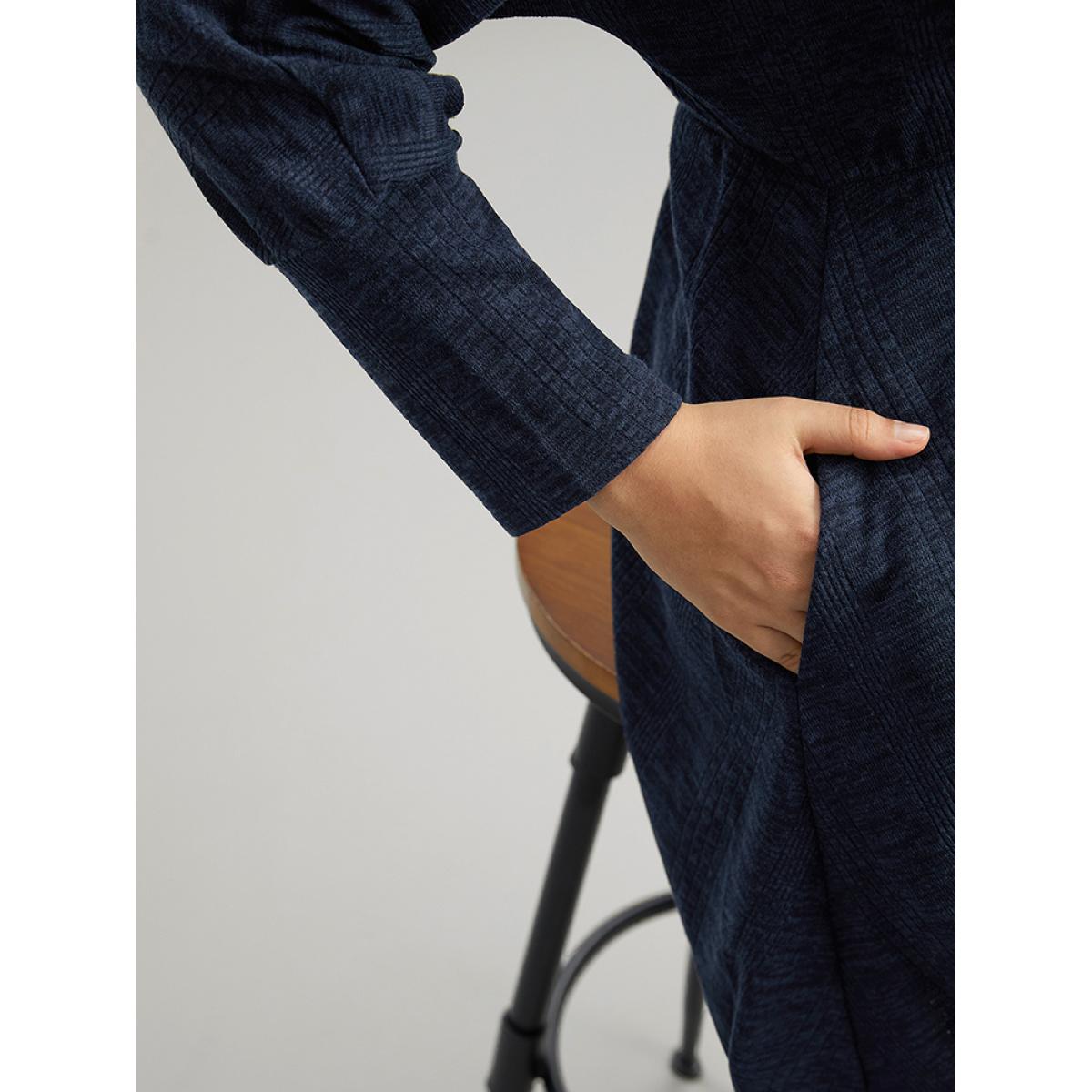 Plus Size Plain Textured Pocket Elastic Waist Dress Indigo Women Casual Texture Round Neck Long Sleeve Curvy Midi Dress BloomChic 12/L Product Image