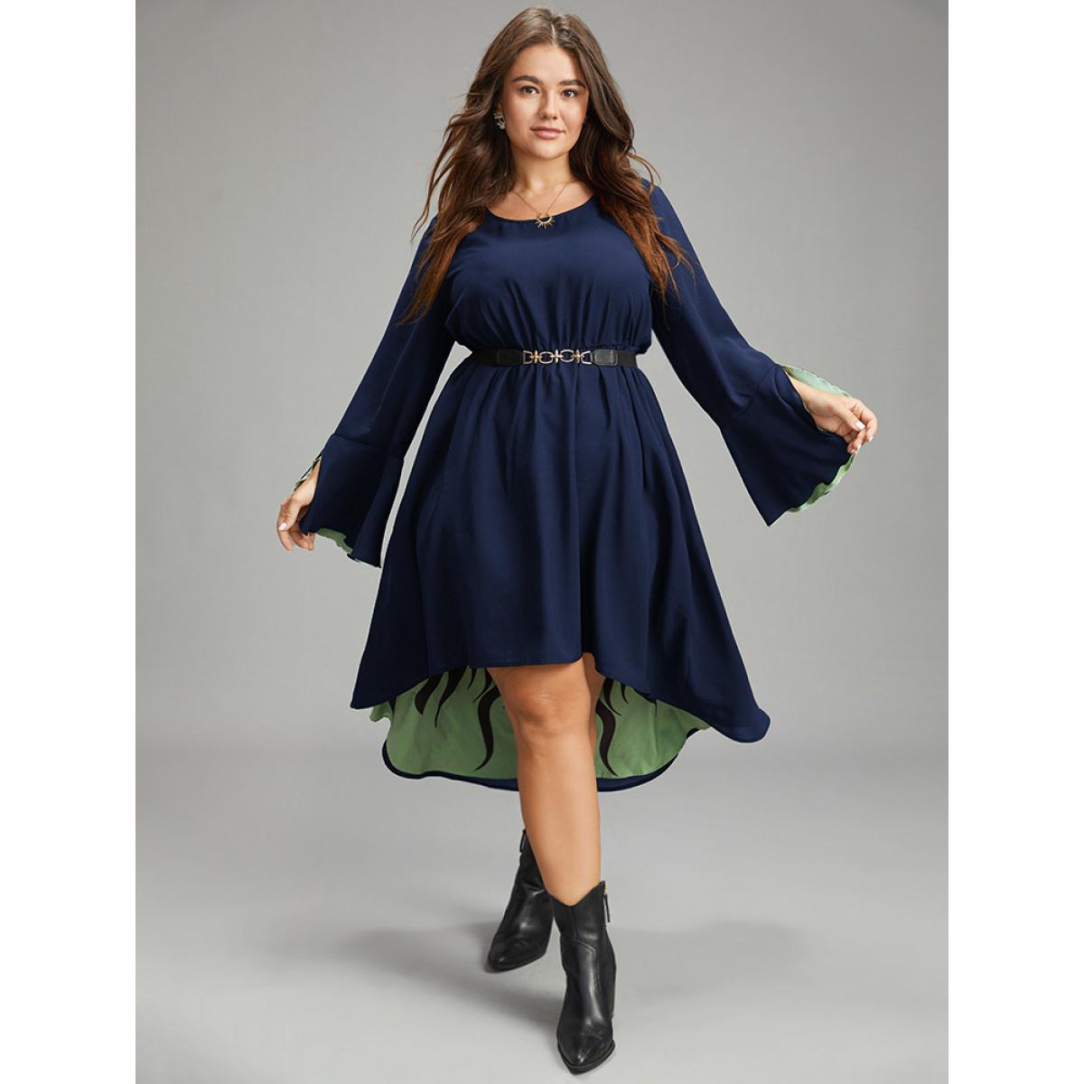 Plus Size Halloween Contrast Split Bell Sleeve High Low Hem Dress Navy Women Glamour Lined Round Neck Long Sleeve Curvy Midi Dress BloomChic 28/5X Product Image