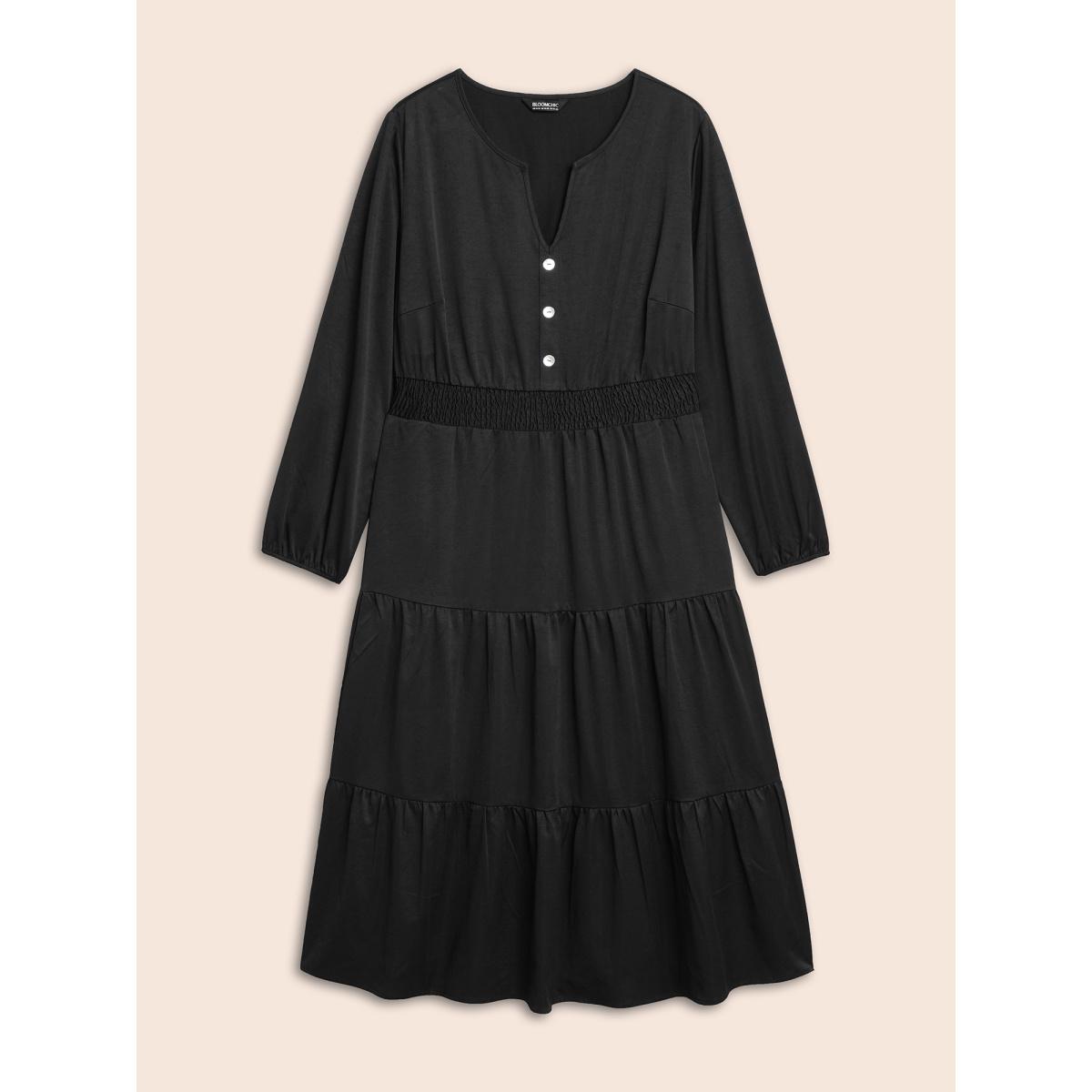 Plus Size Notched Button Detail Ruffle Layered Hem Dress Black Women At the Office Button Flat collar with V-notch Long Sleeve Curvy BloomChic 22-24/3X Product Image