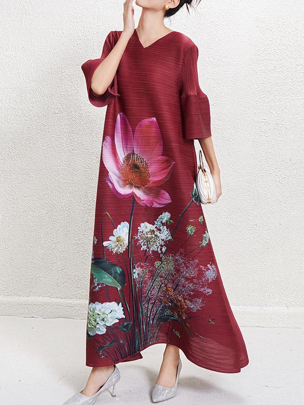 A-Line Flared Sleeves Flower Print Pleated V-Neck Maxi Dresses Product Image