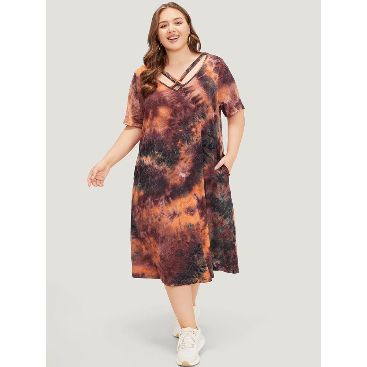 Plus Size Tie Dye Pocket Crisscross Neck Dress Multicolor Women Casual Tie Dye V-neck Short sleeve Curvy Midi Dress BloomChic 12/L Product Image