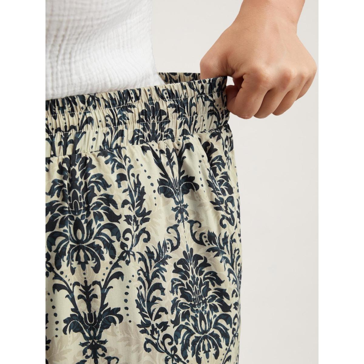 Plus Size Damask Print Tassel Straight-Leg Pants Women DarkBlue Boho Wide Leg Mid Rise Vacation Pants BloomChic 30/6X Product Image