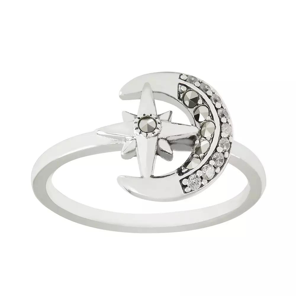 Lavish by TJM Sterling Silver Marcasite & Cubic Zirconia Moon & Star Slim Ring, Women's,  Product Image