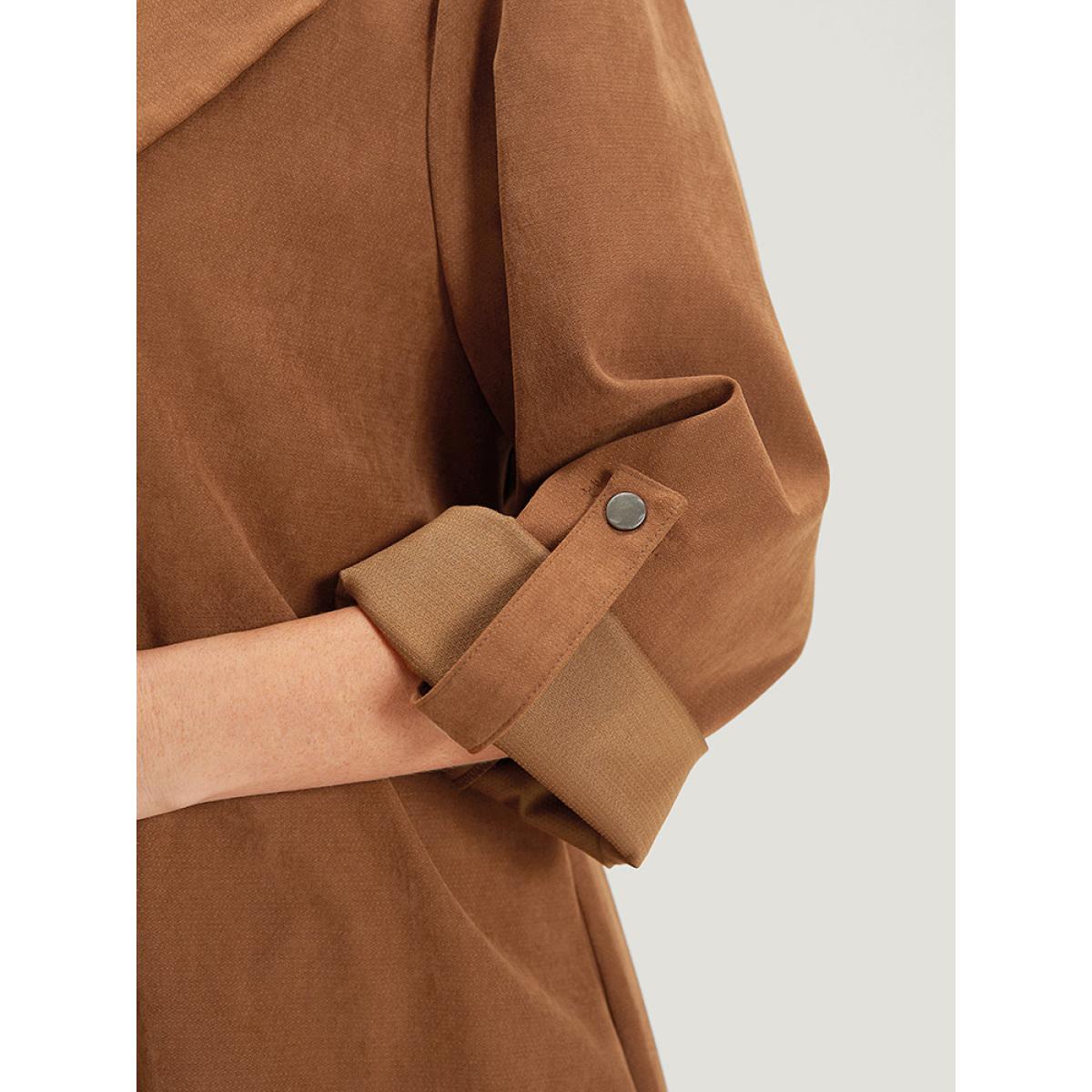 Plus Size Plain Corduroy Belted Bowknot Roll Tab Sleeve Coat Women Bronze Casual Plain Ladies Dailywear Winter Coats BloomChic 12/L Product Image