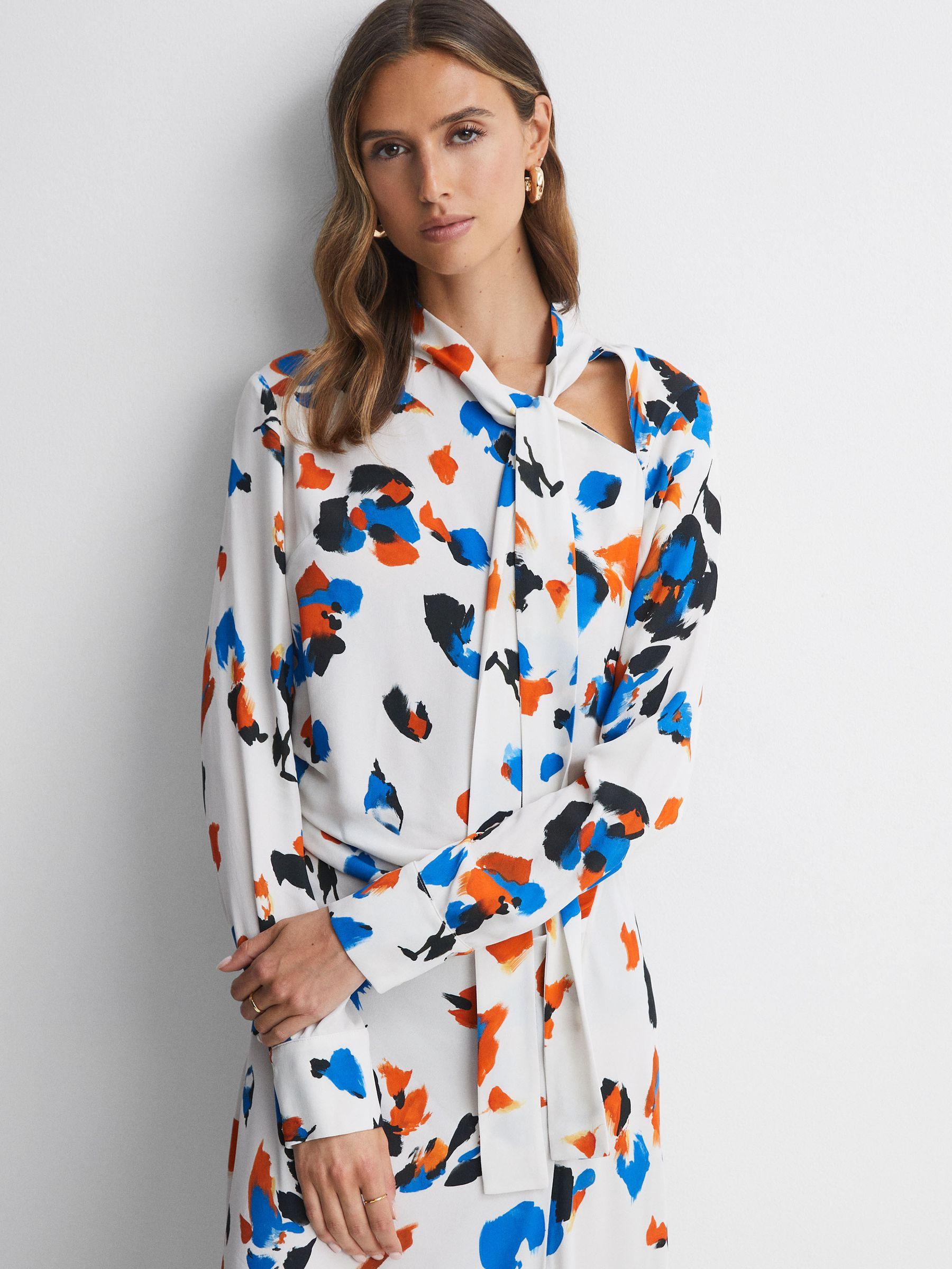 Printed Tie Neck Midi Dress in Blue Product Image