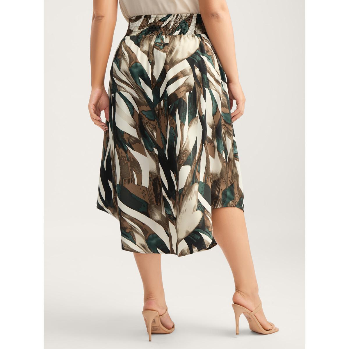 Plus Size Brushstroke Print Stretchy Waist Midi Skirt Women Apricot Office No stretch Side seam pocket Office Skirts BloomChic 12/L Product Image