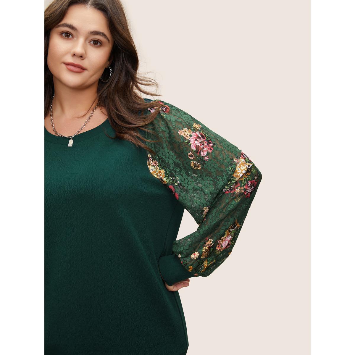 Plus Size Crochet Lace Floral Print Round Neck Sweatshirt Women DarkGreen Elegant Non Round Neck Everyday Sweatshirts BloomChic 30/6X Product Image