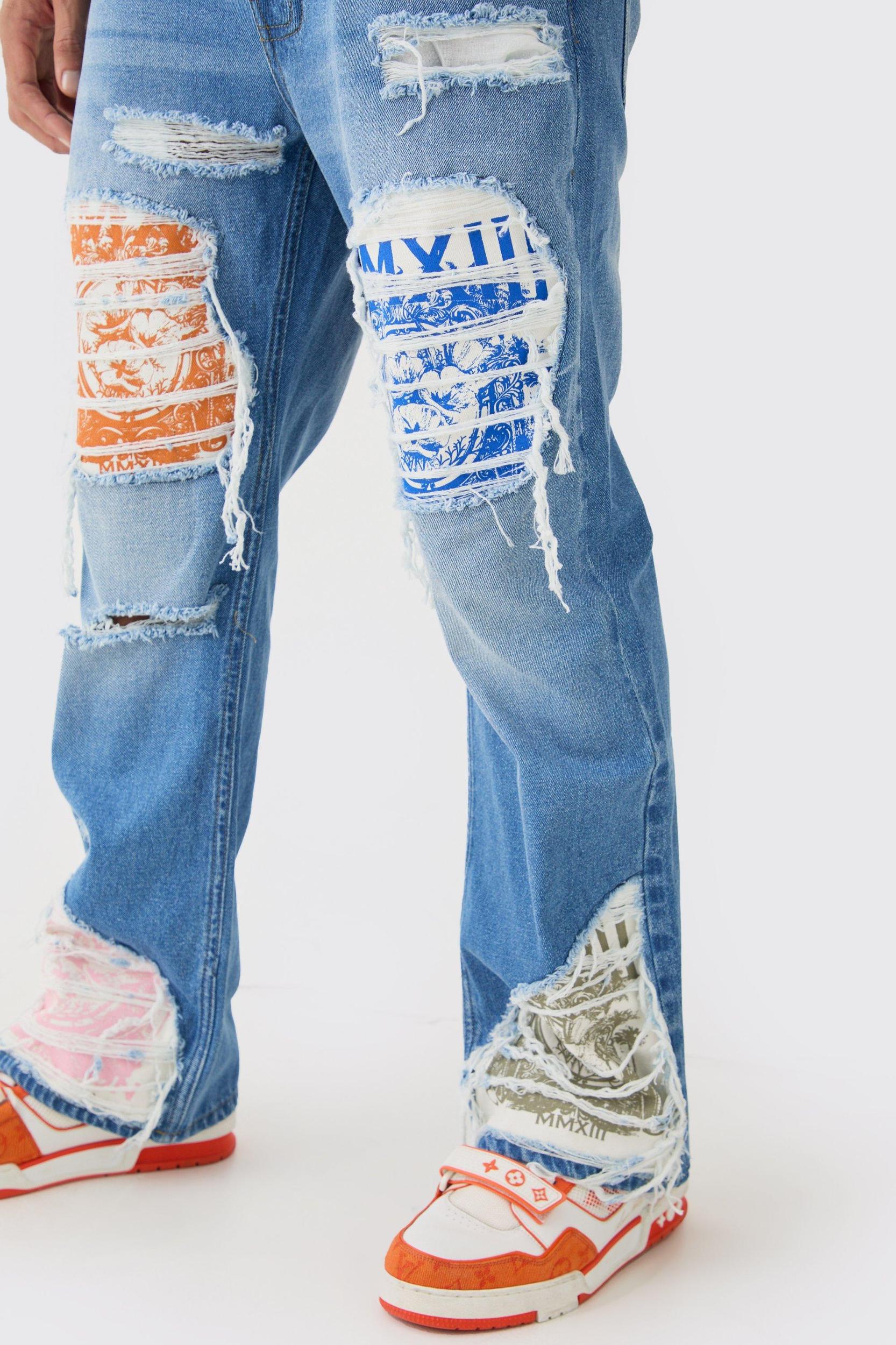 Relaxed Rigid Flare Rip & Repair Applique Jeans | boohooMAN USA Product Image