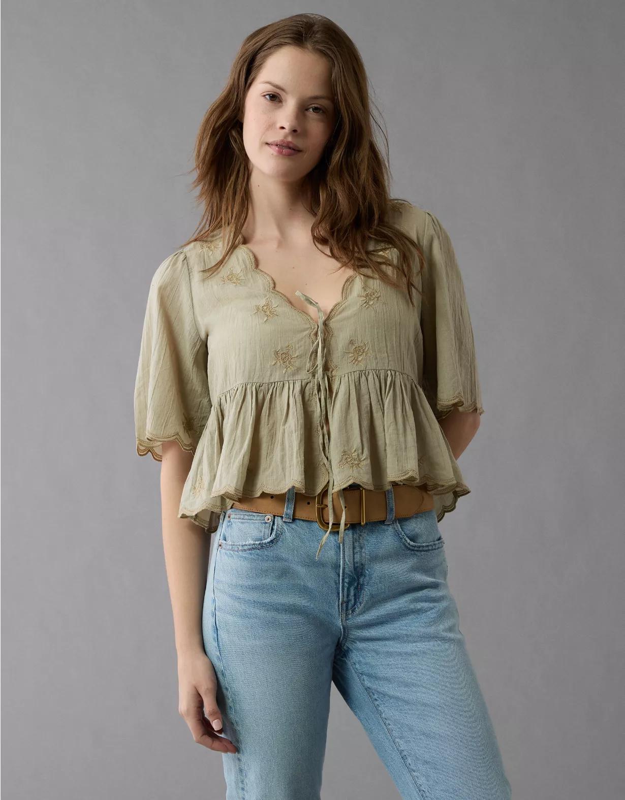 AE Embroidered Tie Front V-Neck Blouse Product Image